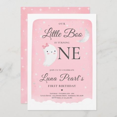 Pink Ghost Little Boo Birthday Party Halloween Invitation Boo Birthday Party, Fall 1st Birthdays, Halloween First Birthday, Halloween 1st Birthdays, Halloween Themed Birthday Party, Birthday Party Halloween, Pink Ghost, 2nd Birthday Party, Halloween Invitation