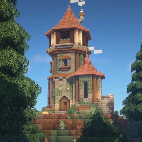 Minecraft Tower House Ideas, Minecraft Houses Tower, Tower Ideas Minecraft, Minecraft Tower Design, House With A Tower, Minecraft Tower Ideas, Minecraft Cute House, Minecraft Tower, Minecraft Mountain