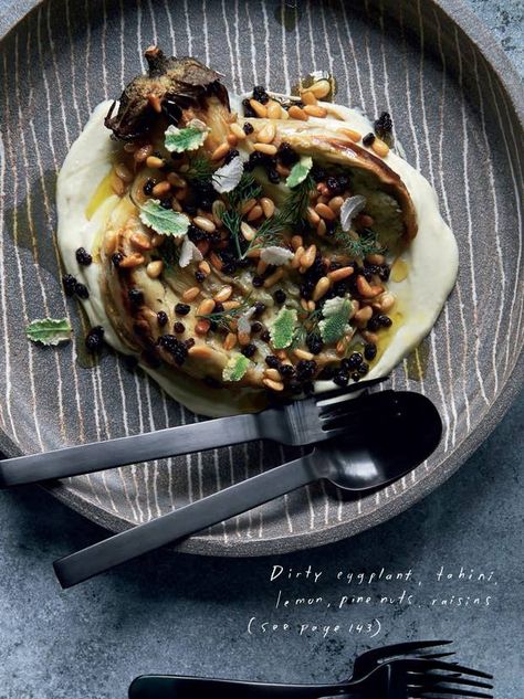 Dirty eggplant, tahini, lemon, pine nuts, raisins Kataifi Pastry, Honey Dressing, Spiced Almonds, Masterchef Australia, Greek Cooking, Tv Food, Greek Food, Clarified Butter, Global Recipes