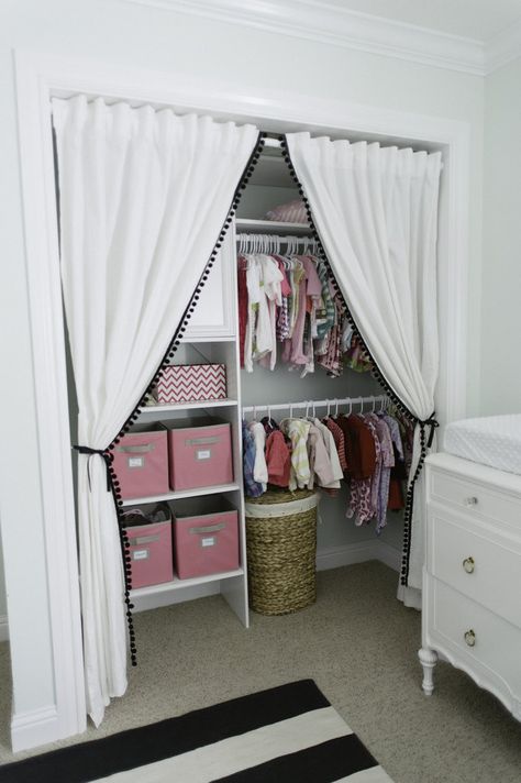 Replacing Closet Doors, Nursery Closet Organization, No Closet Solutions, Closet Curtains, Ikea Curtains, Nursery Closet, Kid Closet, Baby Closet, Bedroom Organization