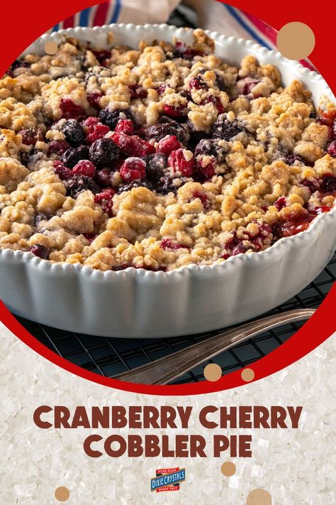 A delicious dessert does not have to be complicated or take a long time to prepare. This easy Cranberry Cherry Cobbler Pie is full of juicy cherries, cranberries, and topped with a tasty crumble. Tastes amazing on its own or serve with vanilla ice cream to take it over the top. For more Thanksgiving recipes and ideas visit DixieCrystals.com and pin your favorites! Made this recipe? Show us! #dixiecrystals #thanksgivingrecipes #easyfallrecipes #cobblerrecipes Dairy Free Lemon Curd, Fruit Cobbler Recipe, Cranberry Cobbler, Cherry Cobbler Recipe, Peanut Butter Cup Brownies, Banana Bread Pudding, Hot Desserts, Moist Carrot Cakes, Frozen Waffles