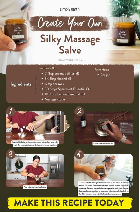 Looking for a way to bring the relaxation of a spa into your own home? Look no further than this Silky Massage Salve Recipe with Essential Oils. This recipe will leave you feeling rejuvenated and refreshed when paired with a heated massage stone and your favorite essential oils. Diy Massage, Simply Earth, Salve Recipes, Essential Oils For Massage, Spearmint Essential Oil, Essential Oils Guide, Diy Lotion, Massage Oils, Butter Recipes