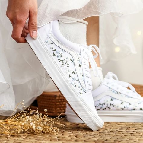 Wedding Vans, White Primrose Embroidered Vans Custom, Blue Flower Embroidered Shoes, Floral Embroidered Sneakers, Personalized Wedding Shoes - Etsy UK Wedding Blue Shoes, White Sneakers Wedding, Wedding Trainers, Wedding Sneakers For Bride, Wedding Vans, Embroidered Vans, Shoes Embroidery, Unique Gifts For Girlfriend, Vans Custom