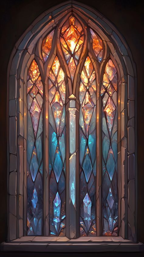 Arched panels of ornate glass shimmer in warm gold and cool cerulean, forging kaleidoscopic patterns across weathered stone walls. Filigree tracery divides each pane into delicate shapes, showcasing fantasy architecture art influences with a polished, cathedral-like elegance. Sparkling flecks glint within the stained surfaces, suggesting an inner luminescence. Tall mullions arch gracefully toward a pointed apex, recalling fantasy worlds environment sceneries where ethereal light merges with architectural grandeur. Amber glows near the top fade into deep sapphire tones below, symbolizing a union of sunrise and dusk. Slight irregularities in the glass produce dancing highlights on the floor, reflecting fantasy architecture concept that elevates craft into spectacle. Rich illusions of shiftin Fantasy Manor, Kaleidoscopic Patterns, Glass Palace, Antique Window Art, Relaxing Images, Ethereal Light, Fantasy Architecture, Art Window, Mosaic Mirror