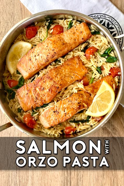 Salmon with Orzo Pasta is so fresh & tasty! We love it so much that it has become part of our meal rotation. The salmon is pan seared and served over a bed of lemony orzo pasta with tomatoes and spinach! Salmon Pesto Orzo, Pasta With Tomatoes And Spinach, Salmon With Orzo, Salmon Orzo Recipe, Salmon And Orzo, Salmon Orzo, Lemony Orzo, Pasta Salmon, Orzo Spinach