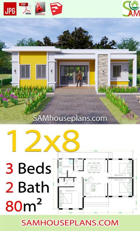 House Plans 12x8 With 3 Bedrooms Terrace Roof - Samhouseplans House Plans 12x8 With 3 Bedr… Terrace Roof, Little House Plans, 3d House Plans, Affordable House Plans, Two Bedroom House, 2 Bedroom House Plans, Building House Plans Designs, Building Plans House, Simple House Design