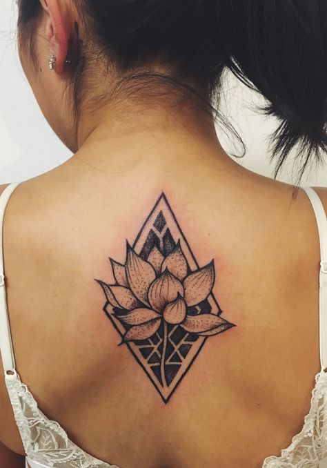 Lotus flower diamond geometric tattoo Diamond Lotus Tattoo, Diamond Shape Tattoo, Lotus With Crystals Tattoo, Lotus Flower Petals Falling Tattoo, Lotus Flower Water Tattoo, Lotus Flower In Water Tattoo, Lotus Tattoo Design, Diamond Tattoos, Shape Tattoo