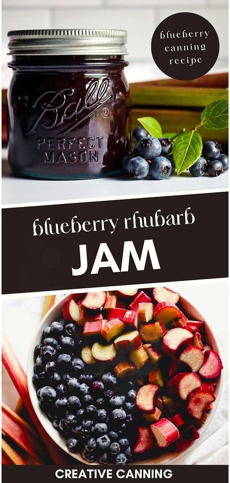 Dive into the world of blueberry canning recipes with our delightful Blueberry Rhubarb Jam. This jam combines the rich flavor of blueberries with the bright, tart profile of rhubarb, creating a beautifully balanced spread. Perfect for those who appreciate the art of homemade jams and want to explore unique flavor combinations. Explore more fruit preserves and canning fruit recipes at creativecanning.com Bluebarb Jam, Blueberry Canning, Rhubarb Canning Recipes, Jam Recipes For Canning, Fruit In Jars, Homemade Jam Recipes, Blueberry Rhubarb Jam, Canning Fruit Recipes, Preserving Fruit