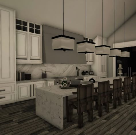 Bloxburg Fancy Kitchen Ideas, Rustic Modern Bloxburg House, Bloxburg Master Room Ideas Modern, Modern Bloxburg Kitchens, Bloxburg House In The Woods, Dark Modern Kitchen Bloxburg, Bloxburg Modern Pantry, Big Modern Kitchen Bloxburg, Modern Interior Design Bloxburg