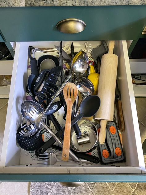 Our Full Kitchen Organization Makeover - Bless'er House Kitchen Tools Organization Ideas, Big Utensil Organization, How To Organize Kitchen Utensils, Organize Kitchen Tools, Organize Utensils In Kitchen, Kitchen Large Utensil Organization, Serving Spoon Organization, Storing Utensils Storage Ideas, Kitchen Tool Organization