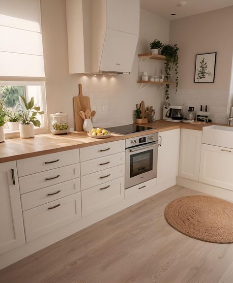 Kitchen Flat Ideas, Simple Kitchen Aesthetic, Clean Girl Kitchen Aesthetic, Kitchen Ideas White And Wood, Cosy Kitchen Ideas, Cream Kitchen Colour Schemes, Clean Kitchen Aesthetic, Scandi Kitchen Ideas, Aesthetic Kitchen Ideas