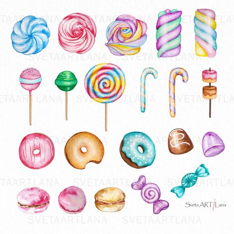 Excited to share this item from my #etsy shop: Candy Watercolor Clipart, Rainbow Sweets Clip Art, Chocolates, Lollipop Candies, Birthday Candy, Sweets, candy shop, Ice, donut Sweet Drawings Candy, Candy Drawing Aesthetic, Candy Shop Drawing, Candy Illustration Art, Lollipop Watercolor, Drawing Of Candy, Candy Art Drawing, Lolipop Art, Candies Aesthetic