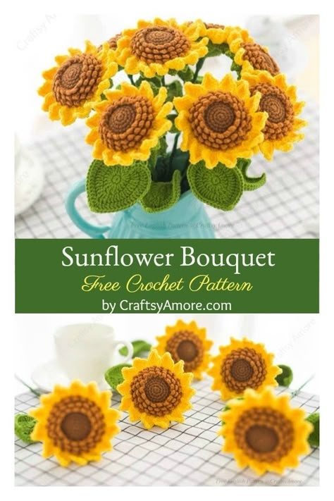 Sunflower Bouquet Free Crochet Pattern and Paid Free Form Crochet, Sunflower Bouquet, Crochet Flowers Free Pattern, Crochet Bouquet, Pola Amigurumi, Sunflower Bouquets, Crochet Plant, Crochet Sunflower, Crochet Flower Tutorial