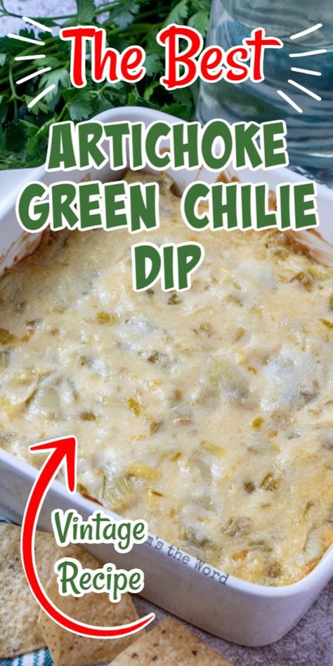 Artichoke Dip With Green Chilies, Green Chili Dip, Hot Artichoke Dip, Green Chile Recipes, Green Chili Recipes, Chili Dip, Party Dip, Artichoke Recipes, Dip Recipes Easy