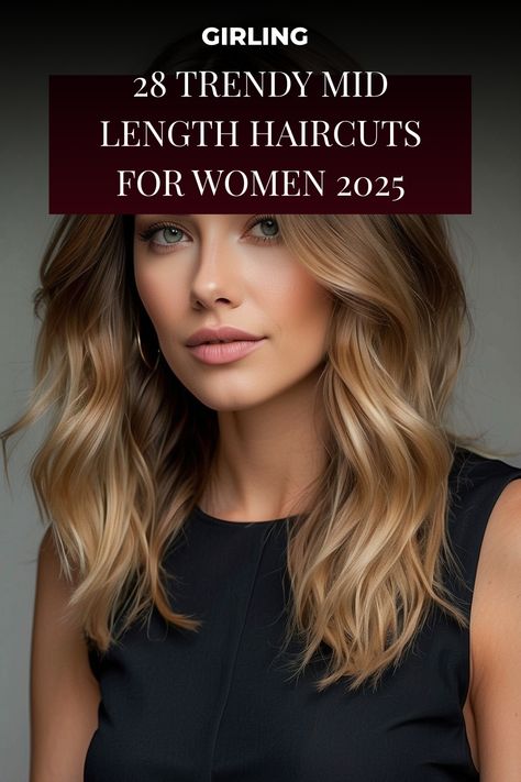 Trendy mid-length haircut on a woman with wavy blonde hair, promoting 2025 styles. Trending Women’s Hairstyles 2025, Below Collarbone Length Hair, Womens Mid Length Hairstyles, Women’s Medium Hair Styles 2025, Medium Length Hair With Extensions, 2025 Mid Length Hair, Hairstyle Names For Women, Haircut Mid Length Layered, Mid Length Hair 2025