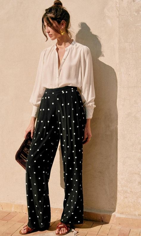 Trousers | Sustainable Parisian style | Sézane Black Polka Dot Pants Outfit, Polka Dot Pants Outfit, Style Parisienne, Trouser Outfit, Polka Dot Pants, French Chic, Printed Trousers, Professional Outfits, Black Polka Dot