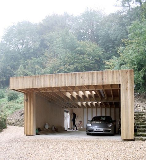 Upstairs, Downstairs: A Workshop and Garage Hidden in a Hillside Feilden Fowles, Loft Garage, Modern Carport, Garage Extension, Timber Garage, Car Shed, Upstairs Downstairs, Building A Garage, Garage Exterior