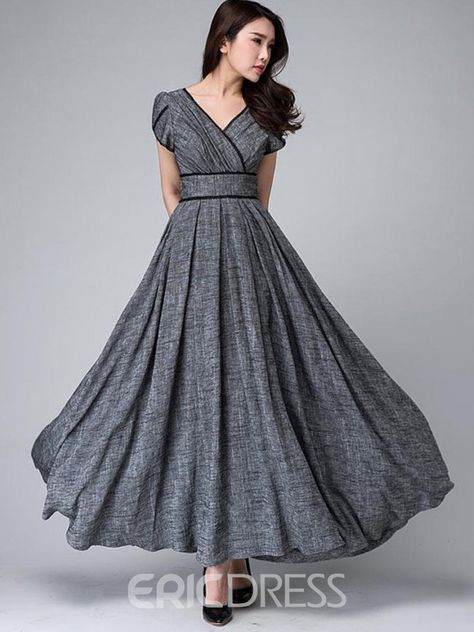 Ericdress Solid Color Patchwork Expansion V-Neck Maxi Dress|Material:Linen Gray Maxi Dress, Plain Maxi Dress, Black Linen Dress, Pleated Long Skirt, Garden Party Dress, Grey Maxi Dress, Empire Waist Dress, Empire Dress, Linen Dresses