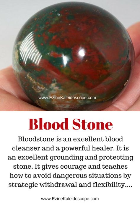 Bloodstone is an excellent blood cleanser and a powerful healer. It is an excellent grounding and protecting stone. It gives courage and teaches how to avoid dangerous situations by strategic withdrawal and flexibility. Bloodstone encourages selflessness, idealism and aids the recognition that chaos precedes transformation. It reduces irritability, aggressiveness and... #EzineKaleidoscope Blood Stone Meaning, Dragon Bloodstone, Dangerous Situations, Crystal Healing Chart, Bloodstone Necklace, Blood Stone, Crystals Healing Properties, Spiritual Crystals, Gemstone Meanings