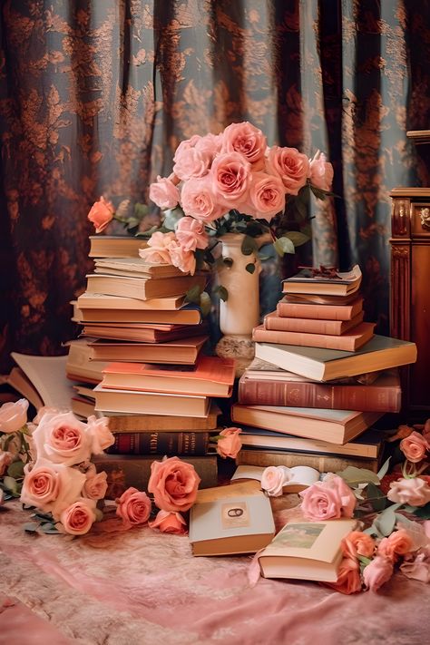 Roses And Books Aesthetic, Books Flowers Aesthetic, Pile Of Flowers, Flowers And Books Aesthetic, Pile Of Books Aesthetic, Book Aesthetic Wallpaper Iphone, Rose Esthetics, Book Asthetics Photos, Book Esthetics