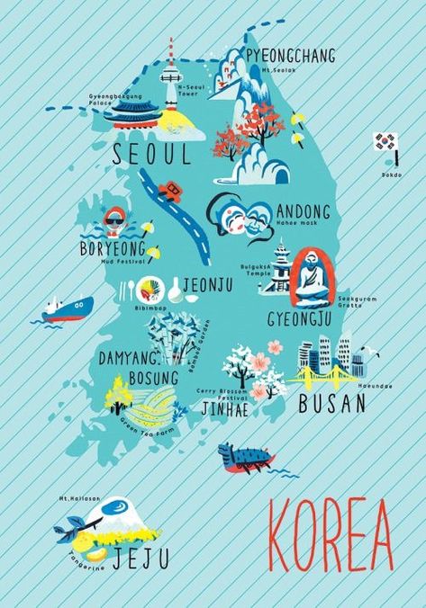 Map Of South Korea, Map Of Korea, Korea Illustration, Korean Heritage, South Korea Culture, Korea Culture, Visit Korea, Korean Travel, Korea Map