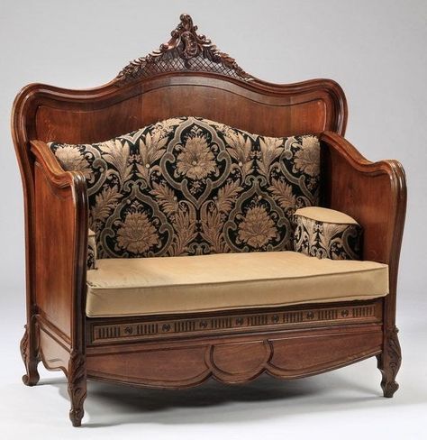 What MORON would take apart and RUIN an antique French bed to make it into a bench?! The absolute IDIOCY of some of these "crafty" furniture redo types never ceases to amaze and infuriate me! Please, DO NOT do this—or paint!—beautiful antiques, or fine reproductions! | 19th century French Rococo carved walnut hall bench, with an attached custom-made button tufted tapestry backrest with arm supports, and a snakeskin embossed faux leather seat cushion. 60" H x 56.5" W x 30" D. Tufted Tapestry, Antique Couch, Wooden Couch, Headboard Benches, Painting Wooden Furniture, Hall Bench, White Furniture Living Room, French Rococo, Best Outdoor Furniture