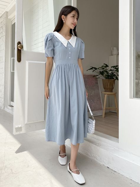 Vintage Location, Dusty Blue Fabric, Dress With Peter Pan Collar, Colorblock Shirt, Comfy Couch, Button Front Dress, Contrast Collar, Collars For Women, Petite Outfits