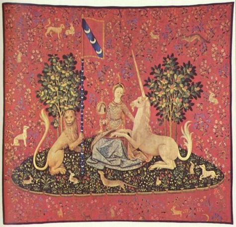 Maiden with Unicorn, tapestry, 15th century (Musée de Cluny, Paris) The Lady And The Unicorn, Lady And The Unicorn, Eyvind Earle, Unicorn Tapestries, Unicorn Cross Stitch Pattern, Sense Of Sight, Medieval Tapestry, Earth Design, Medieval Period