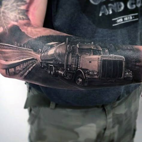 Realistic Truck On The Road Male Outer Forearm Tattoos Trucker Tattoo, Truck Tattoo, Tattoo For Son, Car Tattoos, Dad Tattoos, 1 Tattoo, Best Sleeve Tattoos, A Truck, Symbolic Tattoos