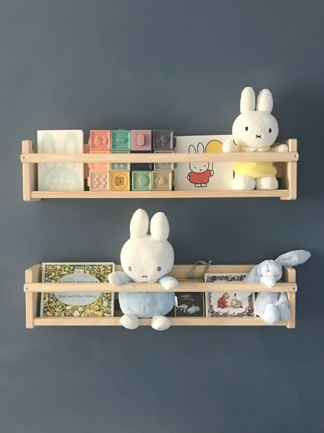 Miffy Nursery, Miffy Bedroom, Navy Shelves, Ikea Wooden Shelves, Ikea Baby Nursery, House Necessities, Shelves Ikea, Ikea Baby, Nursery Blue