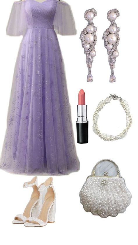 A lavender long dress paired with white heels, a white pearl bag, and a pearl bracelet. The look is accented by long pearl diamond earrings and bright pink lipstick. Lavender Long Dress, Outfit Ideas Elegant, Pearl Diamond Earrings, Lavender Dress, Elegant Gowns, Pearl Accessories, Lavender Dresses, Pearl And Diamond Earrings, Pearl Bag