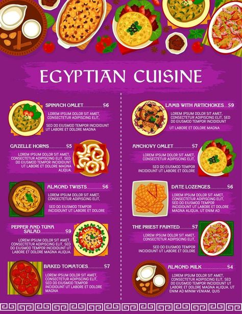 Egyptian cuisine menu, Egypt food dishes and meals Egyptian Food Illustration, Recipes From Egypt, Egypt Recipes, Ancient Egypt Food, Vegan Egyptian Food, Egypt Food, Egyptian Foods, Travel Countries, Food Ad