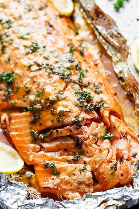 Honey Garlic Butter Salmon In Foil | Cafe Delites | Bloglovin’ Honey Garlic Butter Salmon, Garlic Butter Salmon In Foil, Salmon In Foil Recipes, Baked Seafood, Colourful Food, Salmon In Foil, Honey Garlic Salmon, Garlic Butter Salmon, Fish Ideas