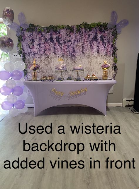 Wedding Wisteria Decor, Lilac Quinceanera Decorations, Lilac Quinceanera Ideas, Wisteria Backdrop, Lilac Quinceanera, Floral Party Theme, Lavender Quinceanera, Xv Ideas, Enchanted Forest Theme