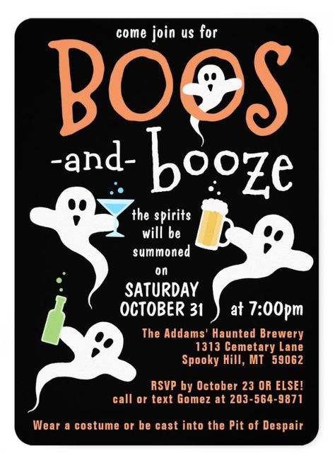 Halloween Party Invitation - Invite your friends to your spooktacular bash with partying ghosts. This Boos and Booze invitation is easily customized. Invitation is fun for either a costume party or Halloween themed birthday party. The orange, white, blue, and green modern design on a simple black background features cute spooky ghosts with various drinks: a mug of beer, a blue martini, and a mystery liquid in a green bottle. Happy Halloween! Affiliate Link Boos And Booze Party, Cute Spooky Ghost, College Halloween Party, Beer Tasting Parties, Mug Of Beer, Halloween Themed Birthday Party, Funny Drinking Quotes, Blue Martini, Annual Halloween Party