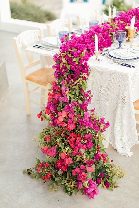 Bougainvillea centerpiece #weddings #weddingdecor #bougainvillea #tablerunner https://ruffledblog.com/grecian-bohemian-folklore/ Palm Springs Wedding Photography, Bougainvillea Wedding, Grecian Wedding, Az Wedding, Bouquet Photography, Tropical Bridal, Spanish Wedding, Cancun Wedding, Boda Mexicana