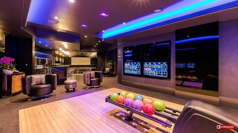 Bowling Room In House, Luxury Home Bowling Alley, Manifestation Room, Bowling Alley Design, Alley Design, Home Bowling Alley, Luxury Game Room, Modern Game Room, Luxurious Penthouse