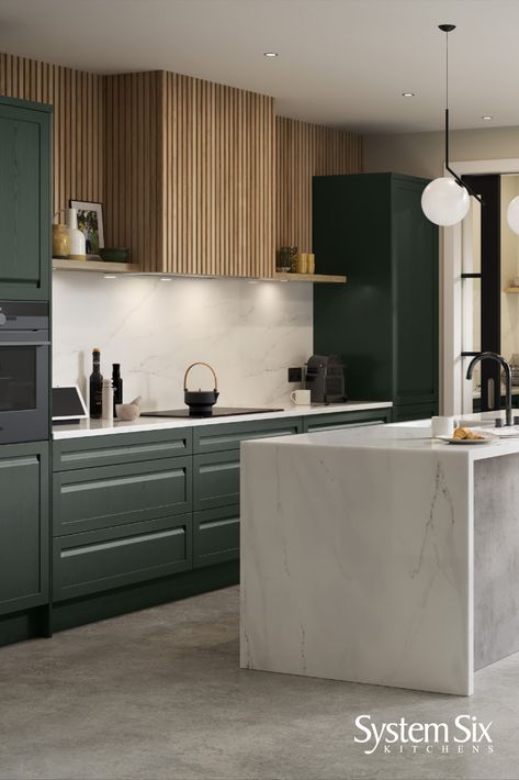 This shaker-handleless hybrid combines two very different styles to create a unique and quirky composition. This is a kitchen to have fun in! Dekton Rem, Bespoke Kitchen Design, Handleless Kitchen, Shaker Style Kitchens, Kitchen Design Trends, Shaker Kitchen, Kitchen Units, Bespoke Kitchens, Green Kitchen