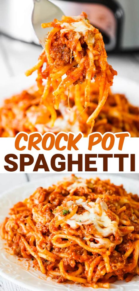 Crock Pot Pasta And Meatballs, Fix And Forget Meals Crock Pot, Spaghetti Recipes Crockpot Ground Beef, Crockpot Spaghetti Ground Beef, Pasta Crock Pot Recipes, Crock Pot Ground Beef Recipes, Crock Pot Spaghetti, Ground Beef Crockpot Recipes, Crockpot Spaghetti