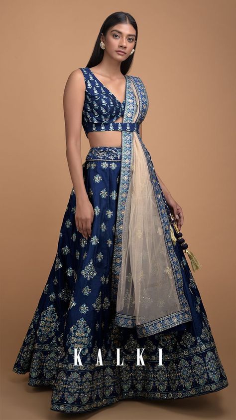 Blue Earrings Indian, Navy Saree, Blue Lehenga Choli, Navy Blue Lehenga, Trendy Outfits Indian, Indian Outfits Lehenga, Lehenga Designs Simple, Fashionable Saree Blouse Designs, Traditional Indian Dress