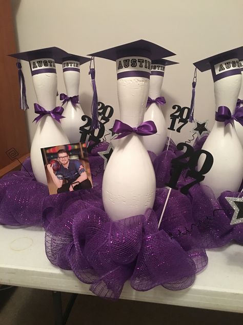 Senior Night Bowling, Bowling Graduation Party Ideas, Bowling Senior Night Ideas, Bowling Centerpieces, Bowling Birthday Party Favors, Bowling Crafts, Bowling Ideas, Bowling Ball Crafts, Bowling Pin Crafts