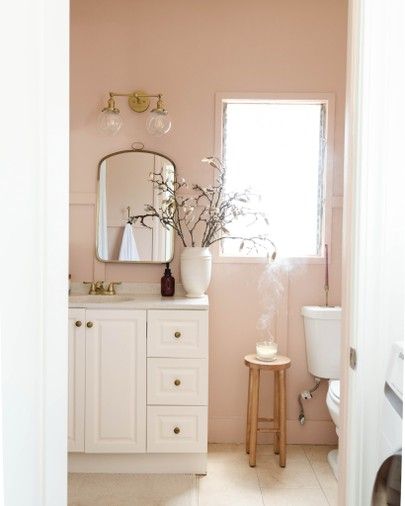 Updated Marie’s bathroom with brass accents and a soft pink paint color 😍 #LTKhome #LTKunder100 #LTKunder50 Soft Pink Paint Color, Bathroom With Brass Accents, Feminine Bathroom Ideas, Bathroom Feminine, Soft Pink Paint, Pink Bathroom Paint, Jewel Tone Room, Blush Bathroom, Eclectic Interior Design Vintage