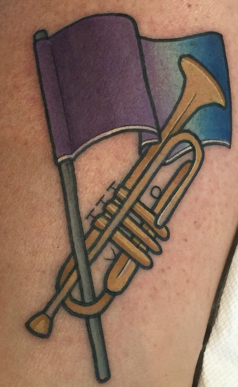 Color Guard and Trumpet Tattoo purple blue gold Color Guard Tattoos, Clarinet Tattoo, Trumpet Tattoo, Tattoo Ideas Males, Color Guard, Old School Tattoo, Marching Band, Snap Backs, Color Tattoo