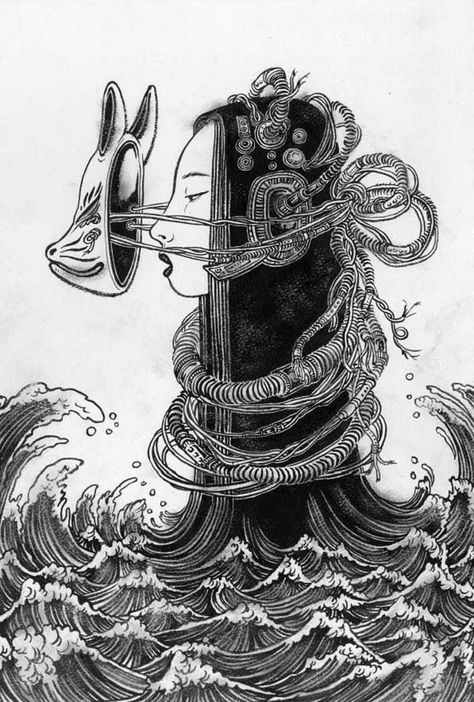 Melancholy of Mechagirl book cover - Yuko Shimizu Japanese Sea Drawing, Yuko Shimizu Illustration, Japanese Painting Black And White, Woodblock Print Black And White, Creepy Paintings, Yuko Shimizu, Antique Japanese Woodblock Prints, School Of Visual Arts, Black And White Illustration