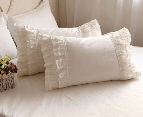 2pcs Embroidered lace Ruffle 100% cotton pillow case, handmade lace ruffle white pillowcover, lace sham, ruffle pillowcase US $39.00 Idyllic Cottage, White Lace Bedding, Lace Bed Skirt, Initial Pillow, Lace Bedding, Lace Pillow, Ruffle Pillow, King Size Pillows, Elegant Embroidery