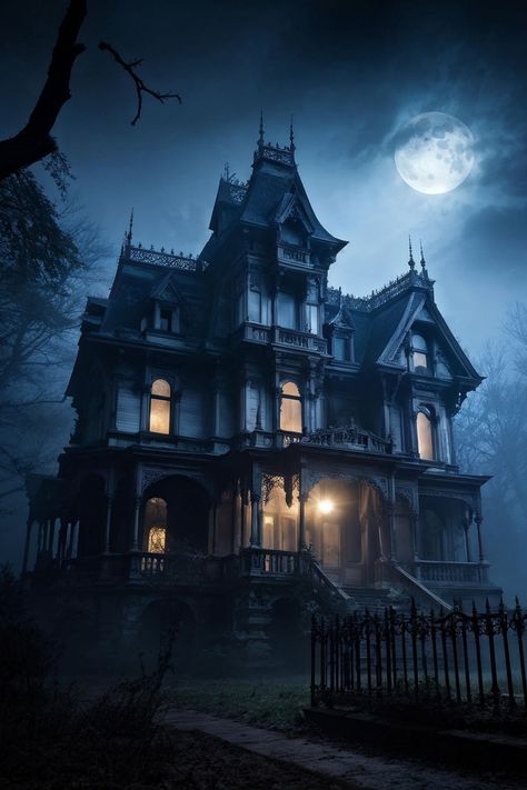 Eerie luminescence pervades an ancient Victorian mansion by FLUPPY FF - Playground Fall Mansion, Gothic House Exterior, Halloween Screensavers, Creepy Mansion, Halloween Mansion, Haunted House Pictures, Academia Library, Dark Academia Library, Spooky Mansion