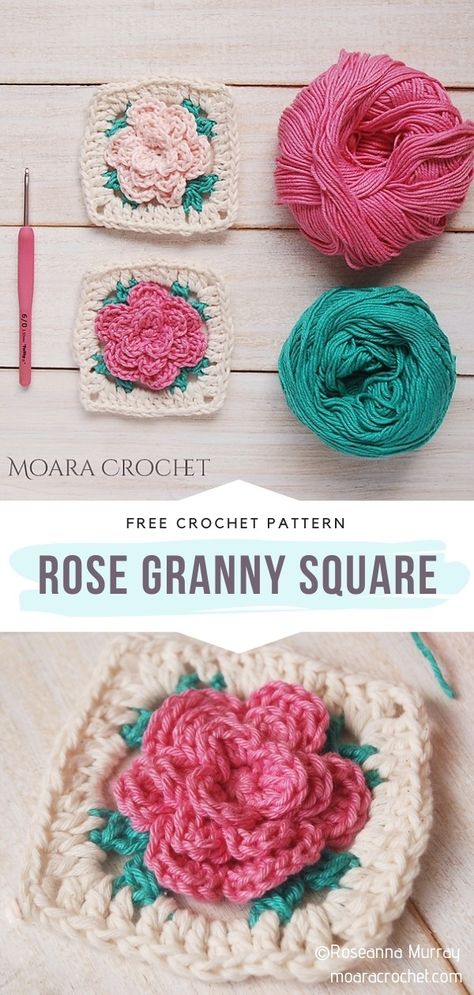 Rose Granny Square, Crochet Flower Granny Square Pattern, Crochet Flower Squares, Crochet Rose Pattern, Granny Square Crochet Patterns Free, 3d Rose, Crochet Square Patterns, Granny Squares Pattern, Crochet Rose