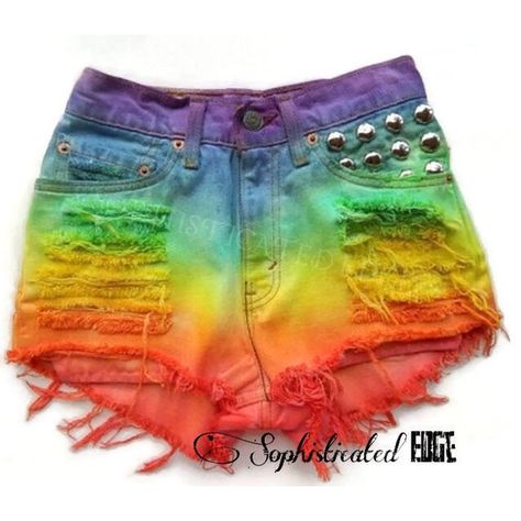 Rainbow Pride Festival High Waisted Denim Dyed Shorts -Plus Size... ($45) ❤ liked on Polyvore featuring shorts, highwaisted shorts, jean shorts, high rise jean shorts, short jean shorts and plus size jean shorts Rainbow Shorts, Bleached Shorts, Denim Dye, Yoga Studio Design, Rainbow Socks, Tokyo Street Fashion, Fest Outfits, Studded Shorts, Tie Dye Rainbow