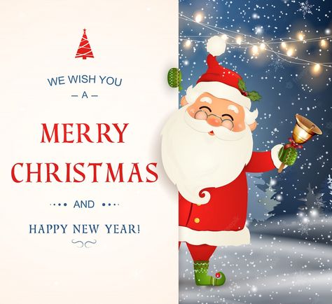 Premium Vector | We wish you a merry christmas. happy new year. santa claus character with big signboard. merry santa clause with jingle bell. holiday greeting card with christmas snow. isolated illustration. Christmas Poster Design, Wish You Merry Christmas, Happy Merry Christmas, Happy New Year Cards, Merry Christmas Eve, Happy New Year Greetings, Life Partner, New Year Greeting Cards, Merry Christmas Everyone