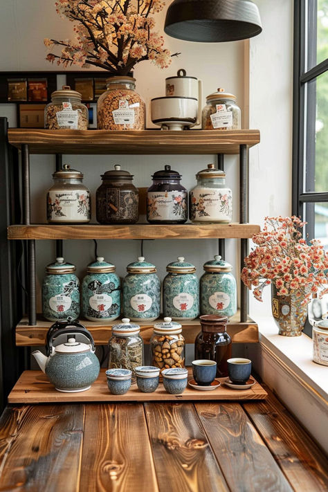 35 Amazing Tea Station Designs for Tea Lovers Tea Collection Display, Tea Cupboard Ideas, Loose Leaf Tea Station, Tea Making Station, Tea Cabinet Organization, Kitchen Tea Themes, Tea Station At Home, Tea Station Ideas Small Spaces, Tea Station Ideas